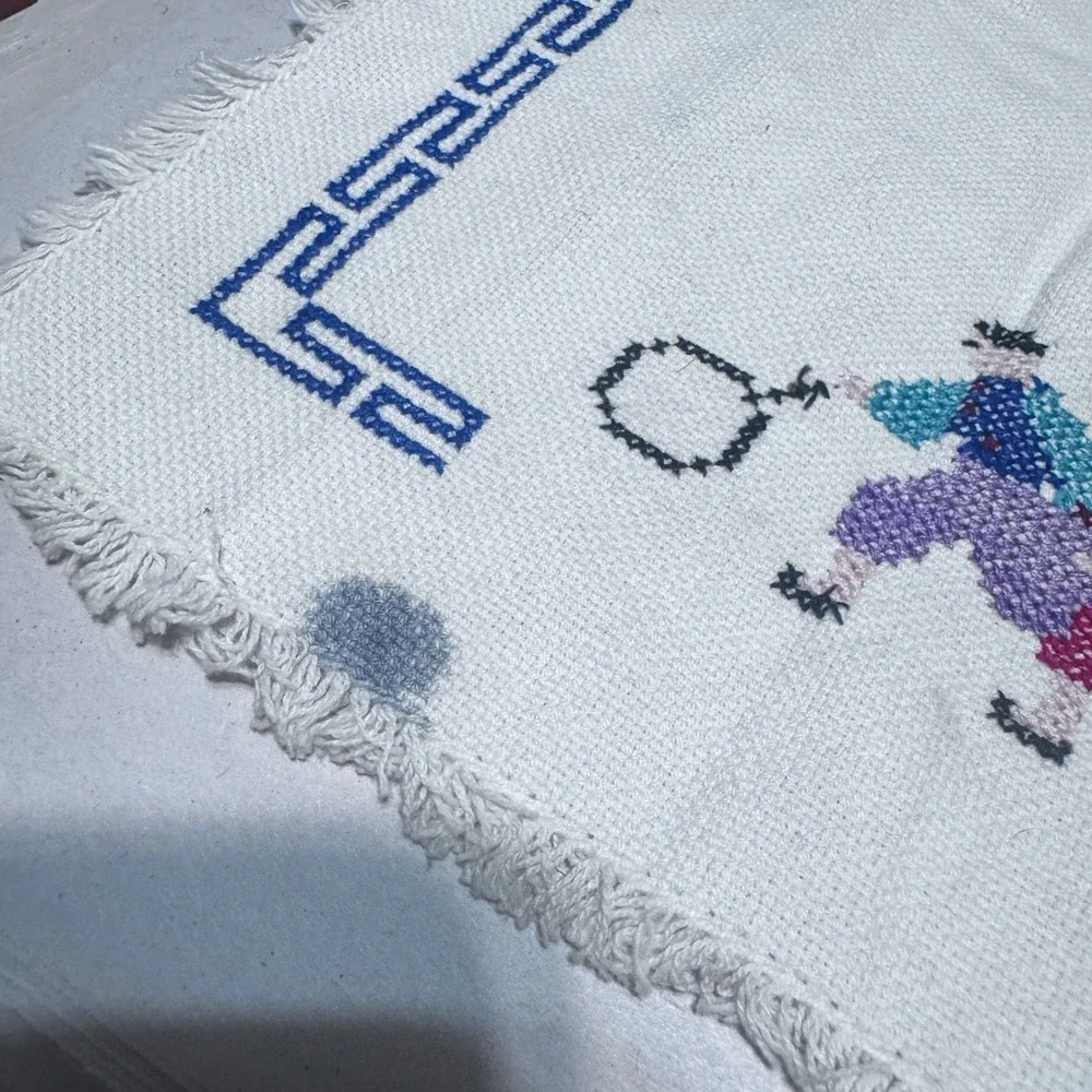 Vintage Korean Folk Art Cross Stitch Embroidered Table Runner Hanbok Figures